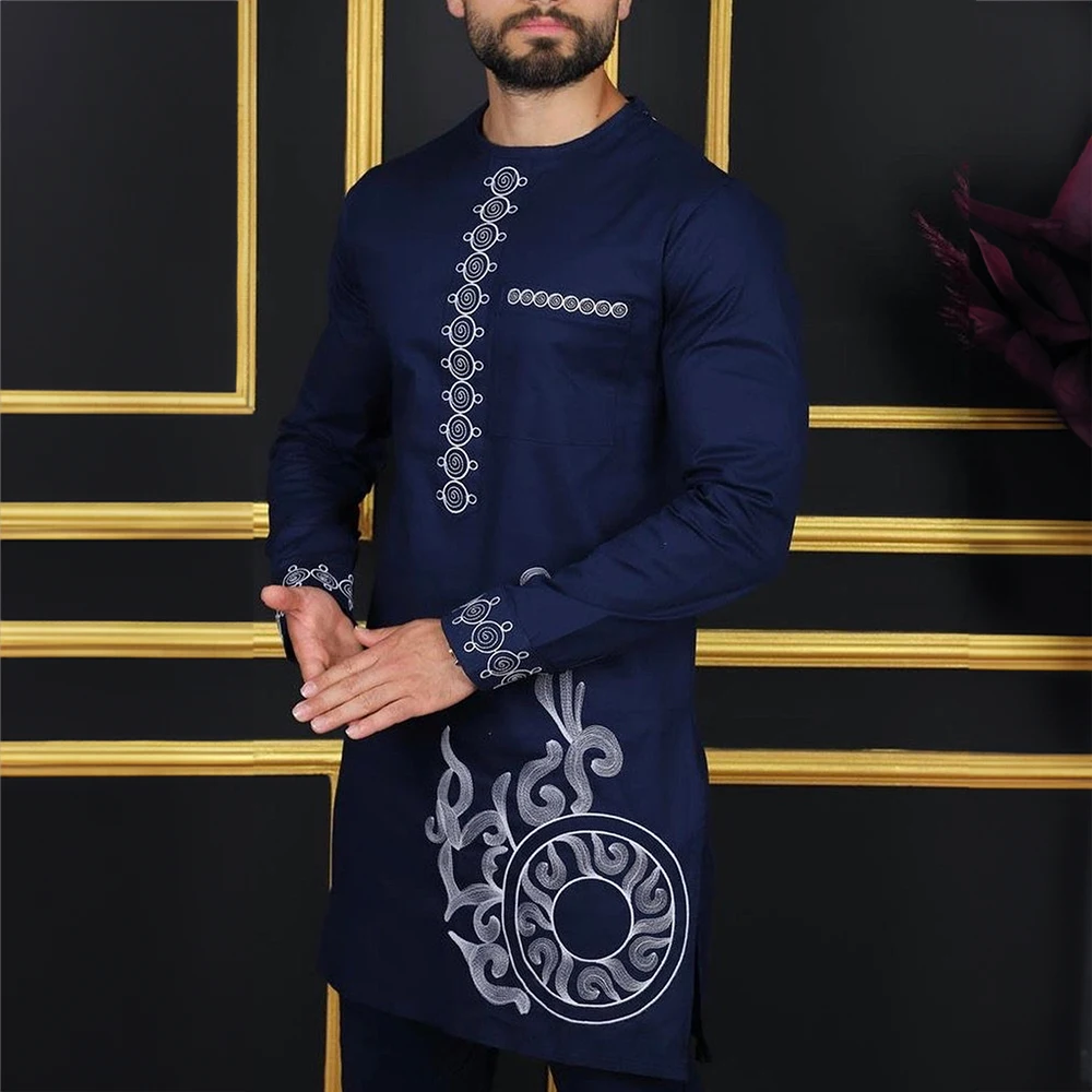 2024 New African Dress Men\'s Suit Groom Embroidered crewneck shirt and Pants 2-piece Birthday party festive suit