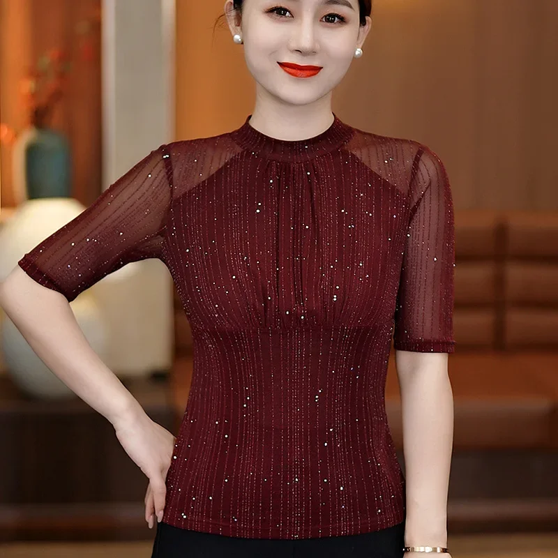 

Elegant Slim Shiny Silk Mesh Base Shirt M-4XL High Elasticity Tops New 2025 Summer Half Sleeved Women's T-Shirt