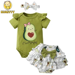 New Baby Girl 3pcs Clothes Set Cotton Fruit Printed Jumpsuit Top and PP Shorts with Bow Headband Cute Toodler Outfit for Girls