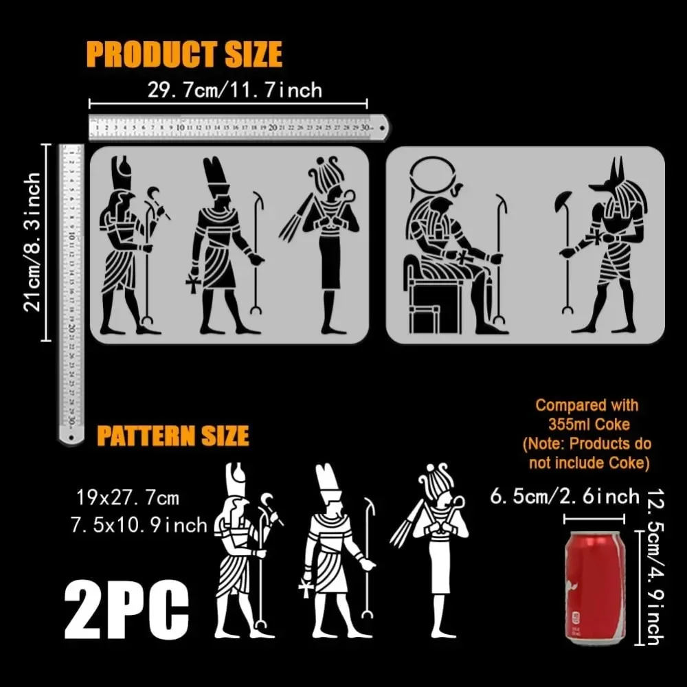 2 PCS 2 Styles Egyptian Pharaoh Painting Stencil 8.3x11.7inch Egyptian Character Drawing Stencil Decorative Egyptian Theme image 2