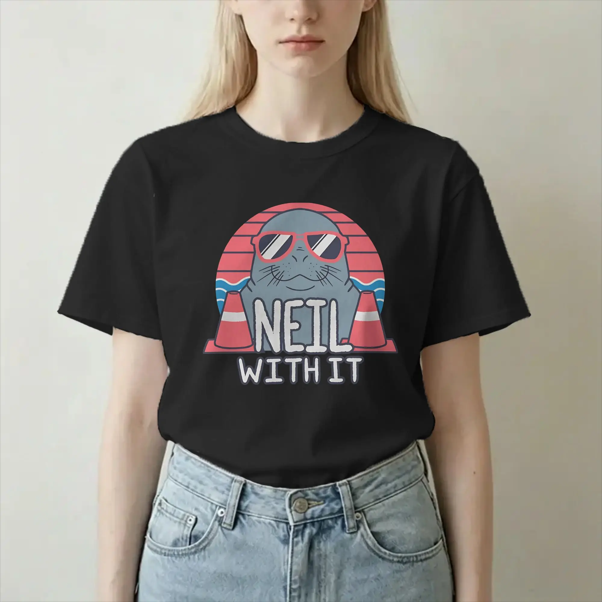 Novelty Neil the Seal Deal With It T-Shirts Men Women's Round Collar Pure Cotton T Shirts  Short Sleeve Tees Plus Size Clothing