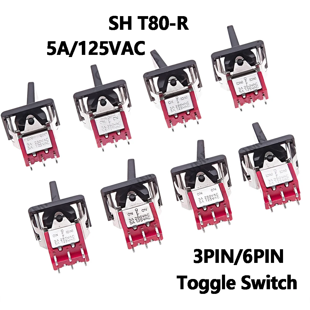 1 unidad de interruptor de palanca miniatura de la serie SH T80-R, montaje en panel de encaje cuadrado, ON-ON/ON-OFF-ON, 5A 3PIN/6PIN 5A/125VAC.