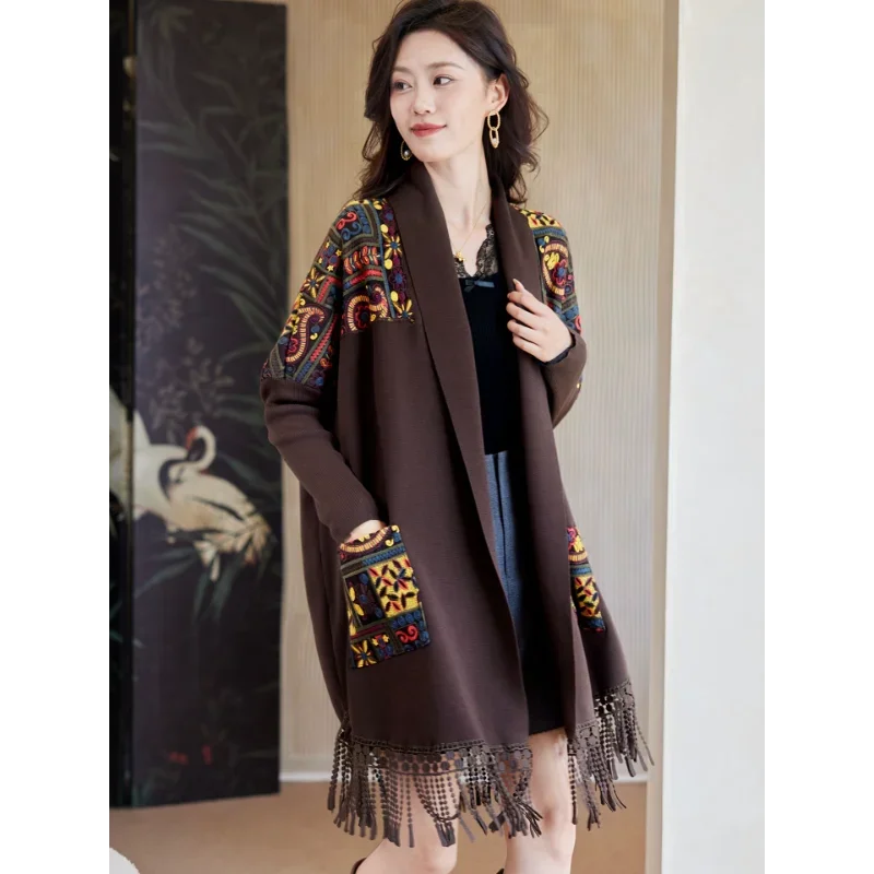 

Новая женская модная свободная и универсальная повседневная вязаная куртка с длинными рукавами и принтом в стиле пэчворк