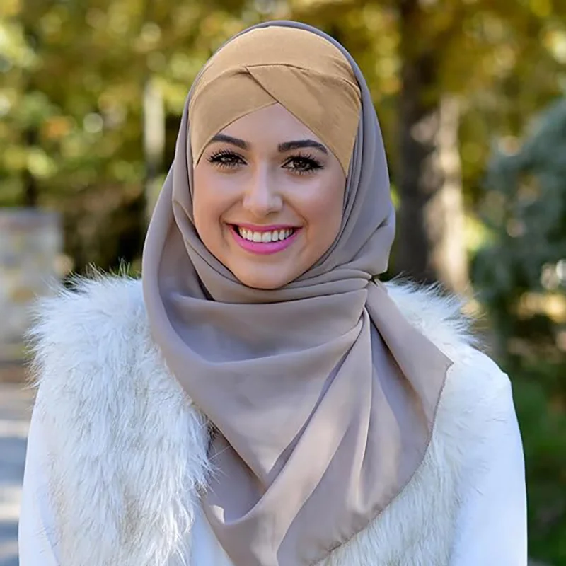 2 TEILE/LOS Kreuz Muslimischen Turban Einfarbig Baumwolle Chemo Hijabs Caps Frauen Hijab Motorhaube Haarausfall Kopftuch Bandanas Turbante – Detail 5
