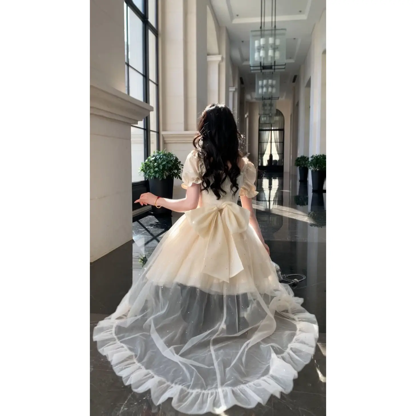 MAGOGO Elegant Ruffles Chic Fairy Dress Women Apricot Sweet Korean Princess Dress Female Summer Bow Glitter Trailing Party Dress