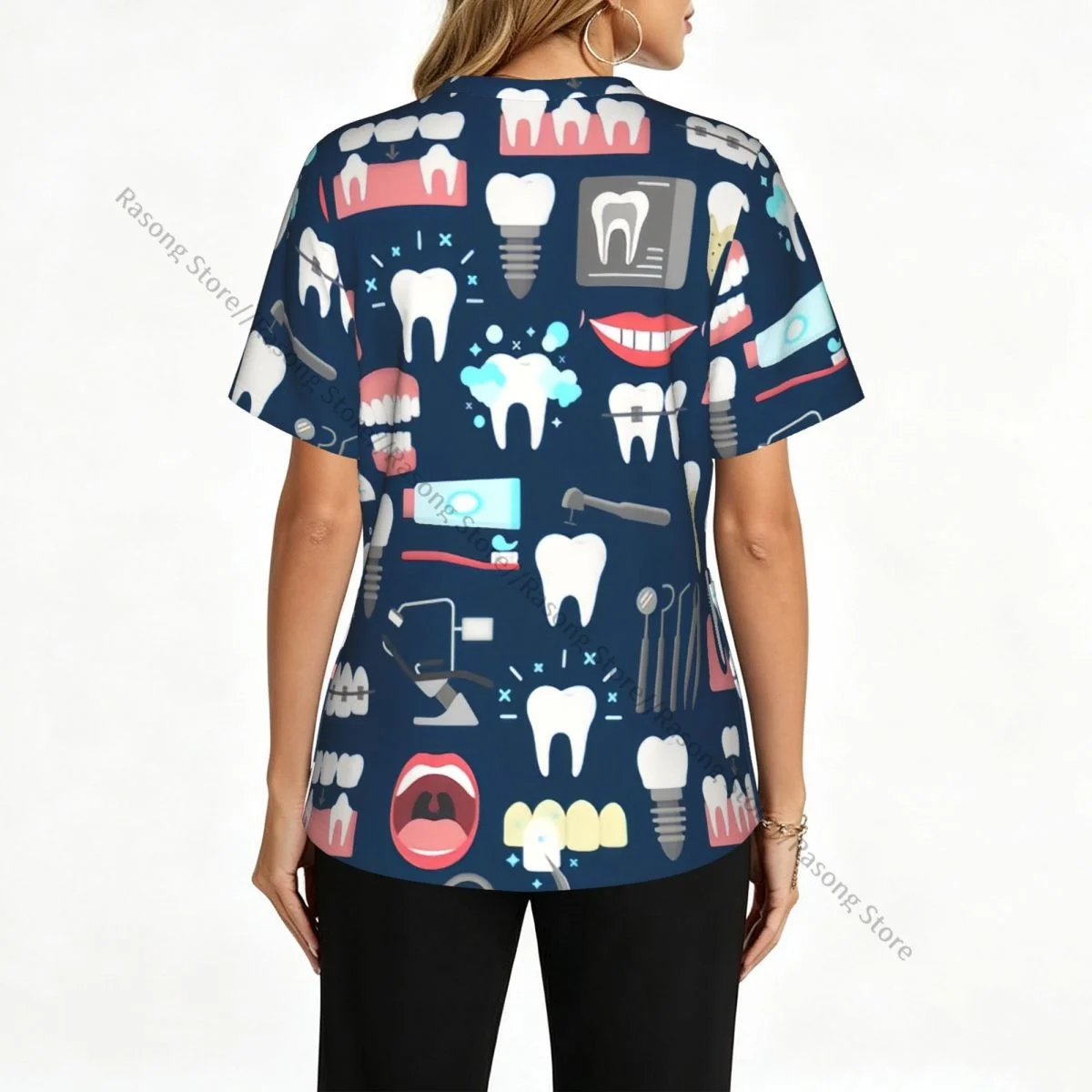Women's Medical Scrub Top V Neck Short Sleeve Dental Pattern Stretch Nursing Uniform for Hospital Clinic