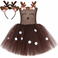 Brown Reindeer Deer Costume for Girls Christmas Tutu Dress Flowers Antler Tulle Princess Dress Toddler Kids Xmas Party Clothes