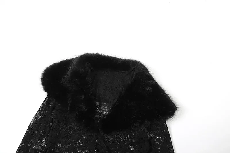 Женский комплект из искусственного меха в стиле пэчворк, прозрачный кружевной комплект из 2 предметов, однобортный кардиган с отложным воротником и длинными рукавами, топ + брюки-клеш