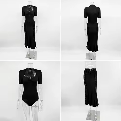 Ticketsx Sexy Lace Dress Set Women Fashion V-Neck See-Through Patchwork Pleated Slim Skirts Set Elegant Party Evening Dress Set - Image 6