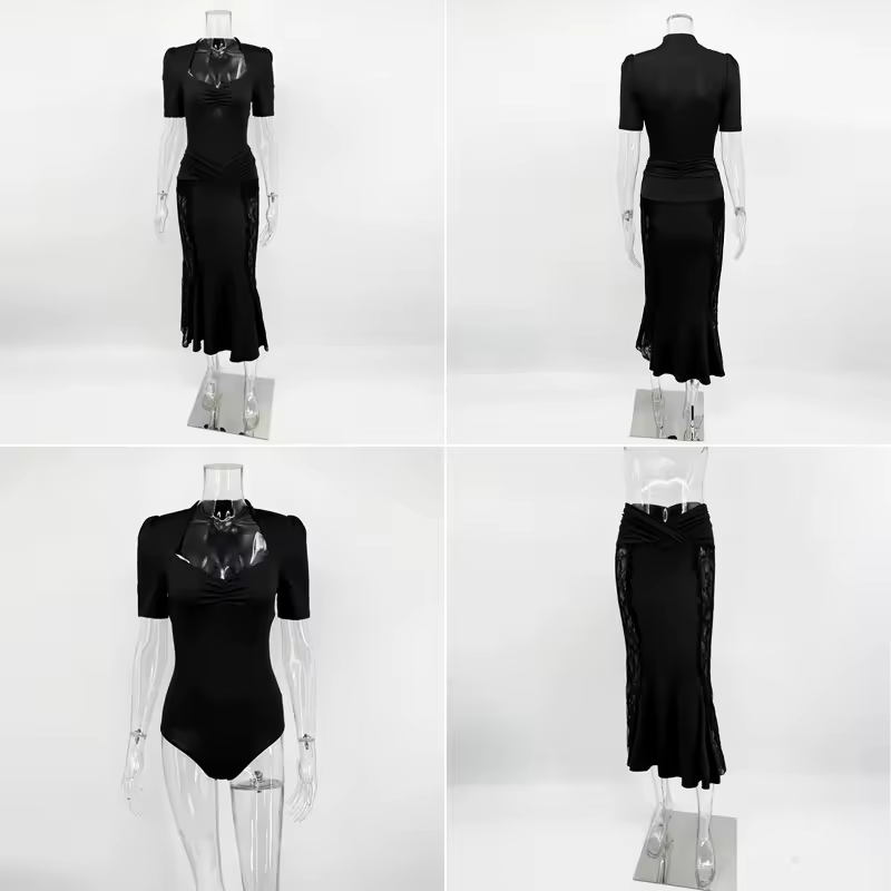 Ticketsx Sexy Lace Dress Set Women Fashion V-Neck See-Through Patchwork Pleated Slim Skirts Set Elegant Party Evening Dress Set - Image 6