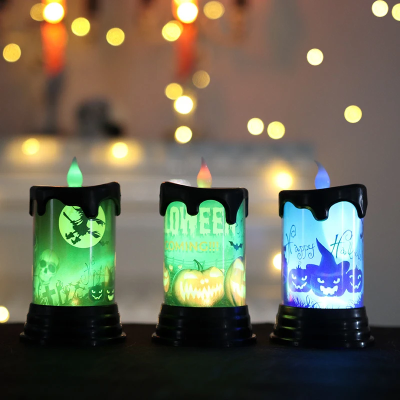 Halloween electronic candle light witch pumkin printing colorful candle decorative lamp LED night light tabletop ornaments