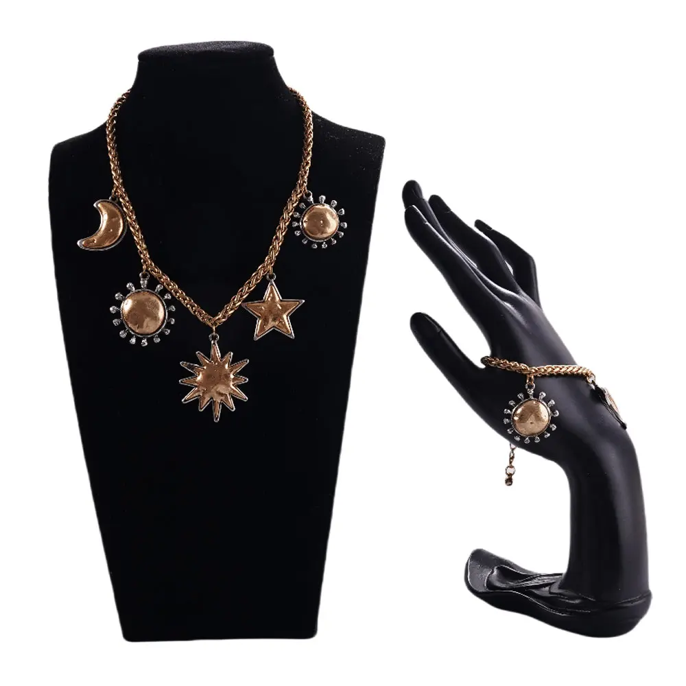 

Women's Vintage Sun Moon Star Coin Pendant Necklace And Bracelet Set Gold & Silver Charms Festival Party Accessory Gift
