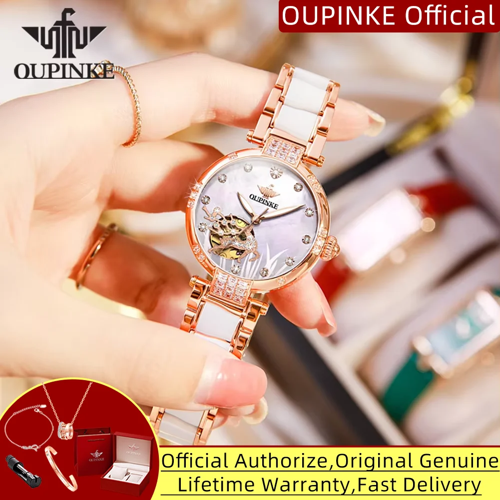OUPINKE 3211 Japan Automatic Watch for Women Elegant Rose Gold Ceramics Strap Hollow Deer Diamond Dial Ladies Mechanical Watches