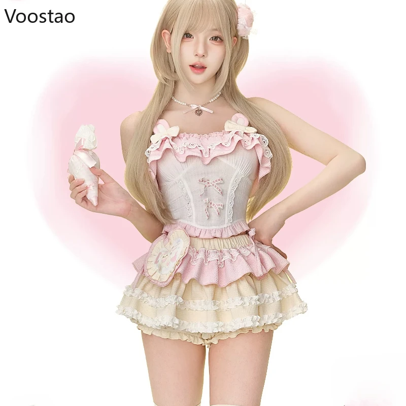 

Japanese Kawaii Lolita Style Skirt Set Women Sweet Bow Pink Bunny Ear Tops Ruffles Mini Cake Skirts Suit Harajuku Lolita Outfits