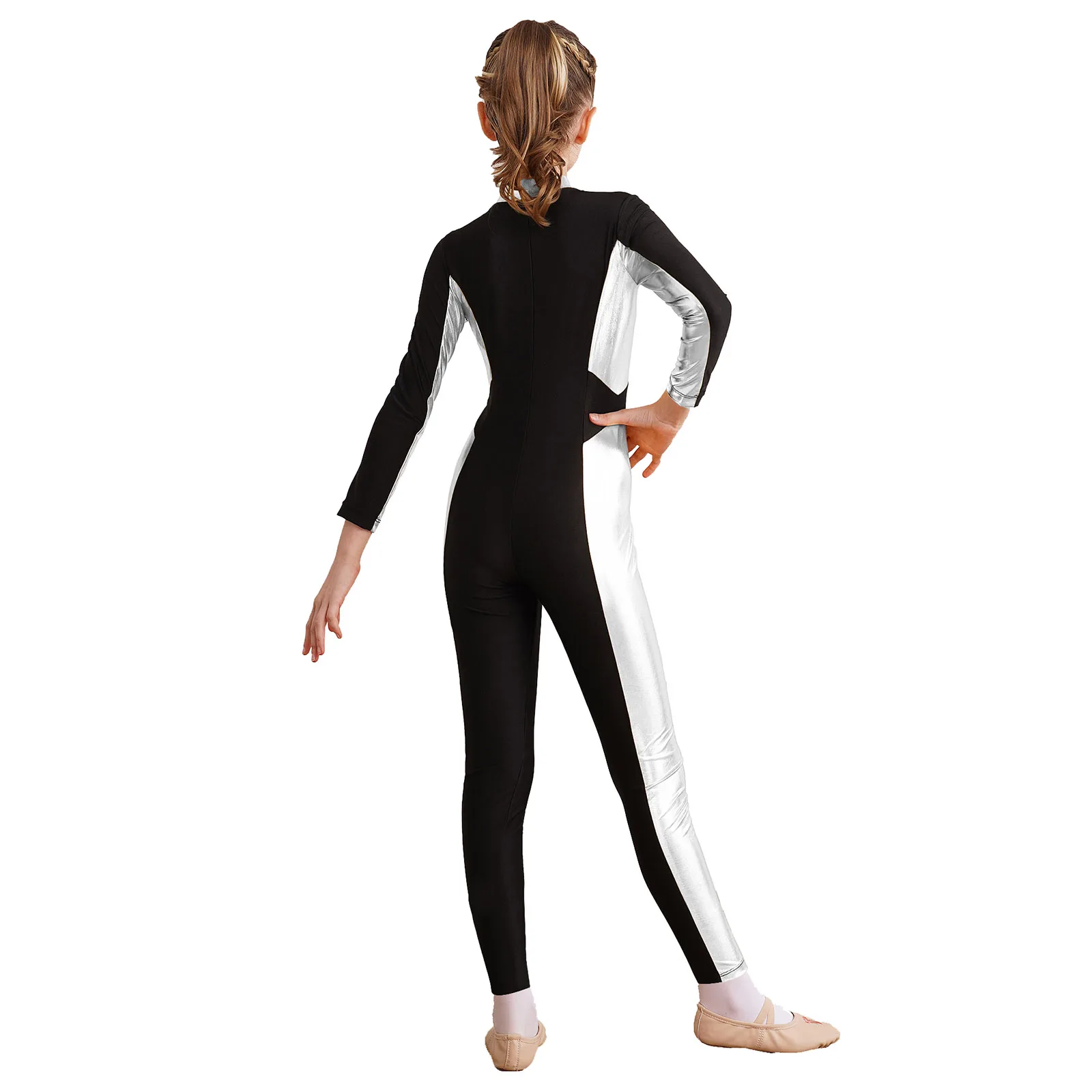 Kids Girls Acrobatics Gymnastics Metallic Figure Skating Jumpsuit Zipper Stand Collar Long Sleeve Unitard for Figure Skating