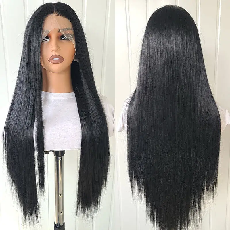 Rambut sintetis Wig renda Frontal tahan panas Wig lurus panjang hitam