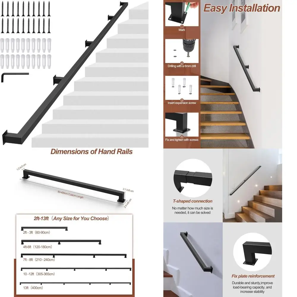 درابزين درج داخلي معدني صناعي، تصميم أنبوب مربع أسود غير لامع، سعة تحميل 500 رطل، حامل جداري لسلامة الدرج #1