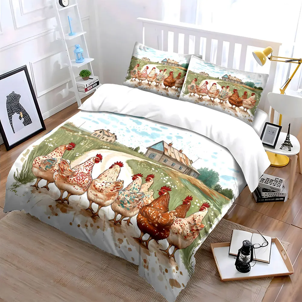 A flock of colorful hens on a country path Printed Duvet Cover Set1 Duvet Cover+2 PillowcaseMulti Size Bedroom Bedding Decor