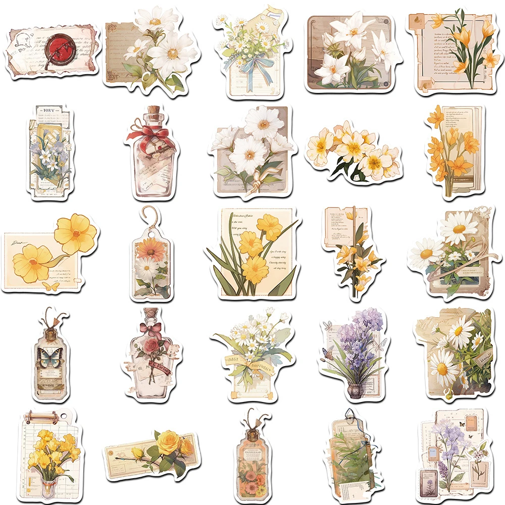 10/30/50pcs Vintage Aesthetic Flower Decoration Stickers Decals Waterproof DIY Journal Planner Stationery Retro Cute Sticker Toy