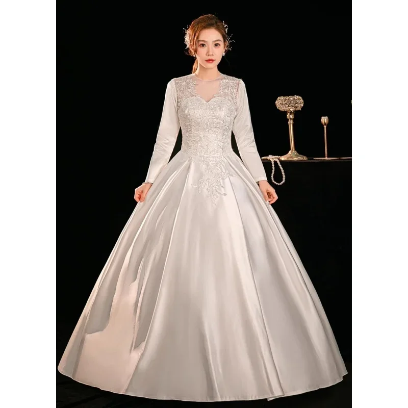 Cheap Wedding Dresses White Satin Appliques O-neck Full Sleeves Lace up Princess Floor-length Plus size Bride Ball Gowns XN168