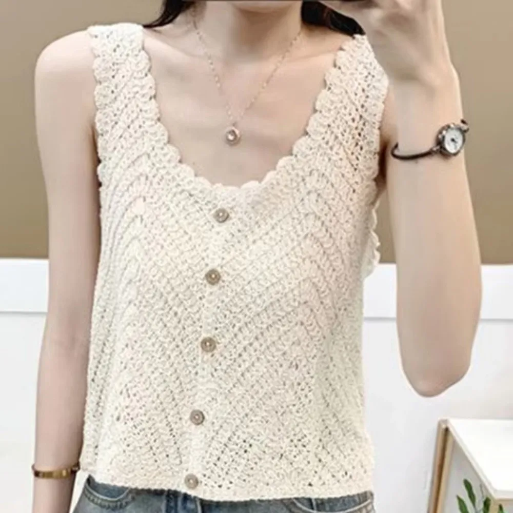 

Solid Color Women's Knitted Tank Top Knitted Sweater Vest Round Neck Summer Crochet Camisole Comfortable Sleeveless Cami Tops