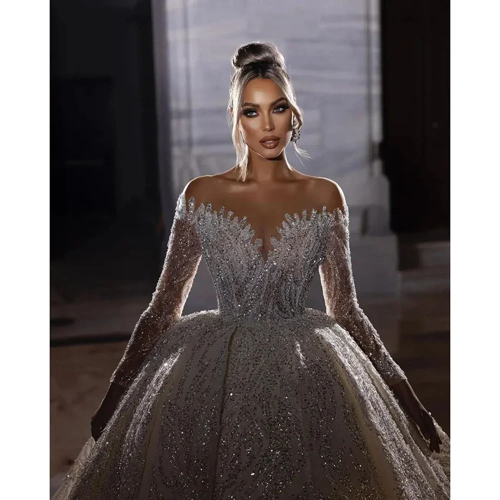 Flavinke Abiti da sposa personalizzati con abito da ballo Sweetheart Applique in pizzo con paillettes Abito da sposa a maniche lunghe Abiti da sposa principessa