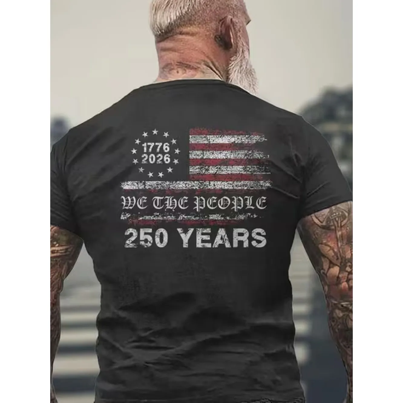 item picture mens heavyweight 250th anniversary usa t shirt 1776 2026 american flag back print with 250 years text parche style stamp design 100 cotton oversized fit short sleeve round neck gift casual