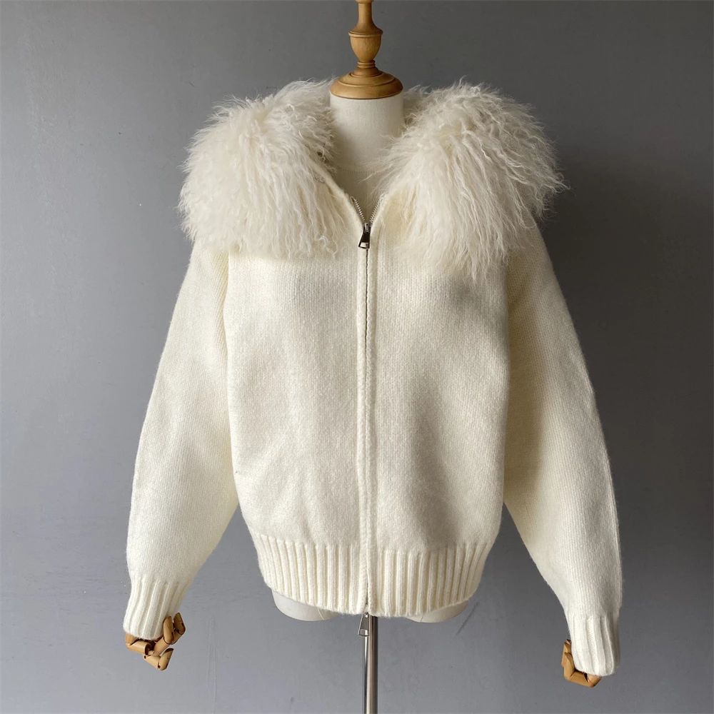 Jaxmonoy المرأة سترة مع الفراء الحقيقي السيدات الخريف موضة مقنعين سترة مشغولة من الصوف كبير المنغولية الأغنام الفراء طوق سترة 2025 جديد