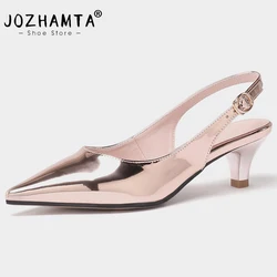 JOZHAMTA Size 31-43 Women Sandals Sexy Pointed Toe Gold Heels Summer Shoes For Women Real Leather Big Size Slingback Sandalias