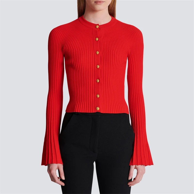 

2024 autumn new women's round neck single-breasted ribbed knitted cardigan high quality y2k fashion casual flared sleeve top XL