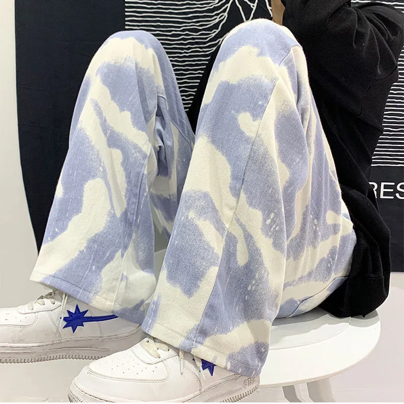 High Street Pants Spring And Summer New Tie-Dyed Jeans Straight Drape Black And White Loose Casual Comfortable Wide-Leg Pants