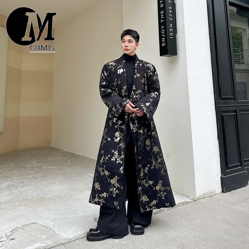 [OIMG] Medium To Long Lace Up Trench Coat With Chinese Floral Pattern, Long Silhouette Coat