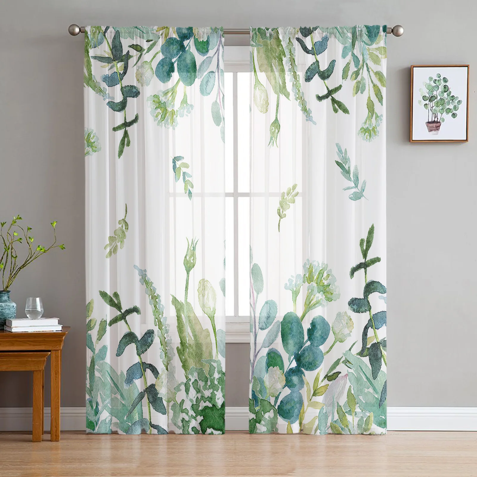 

Summer Watercolor Eucalyptus Leaves Sheer Curtains for Living Room Bedroom Home Hotel Coffee Decor Chiffon Tulle Curtains