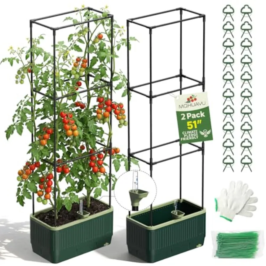 

Self-watering planter box with trellis for tomato growing in raised beds plastic green visual water indicator indoor and outdoo