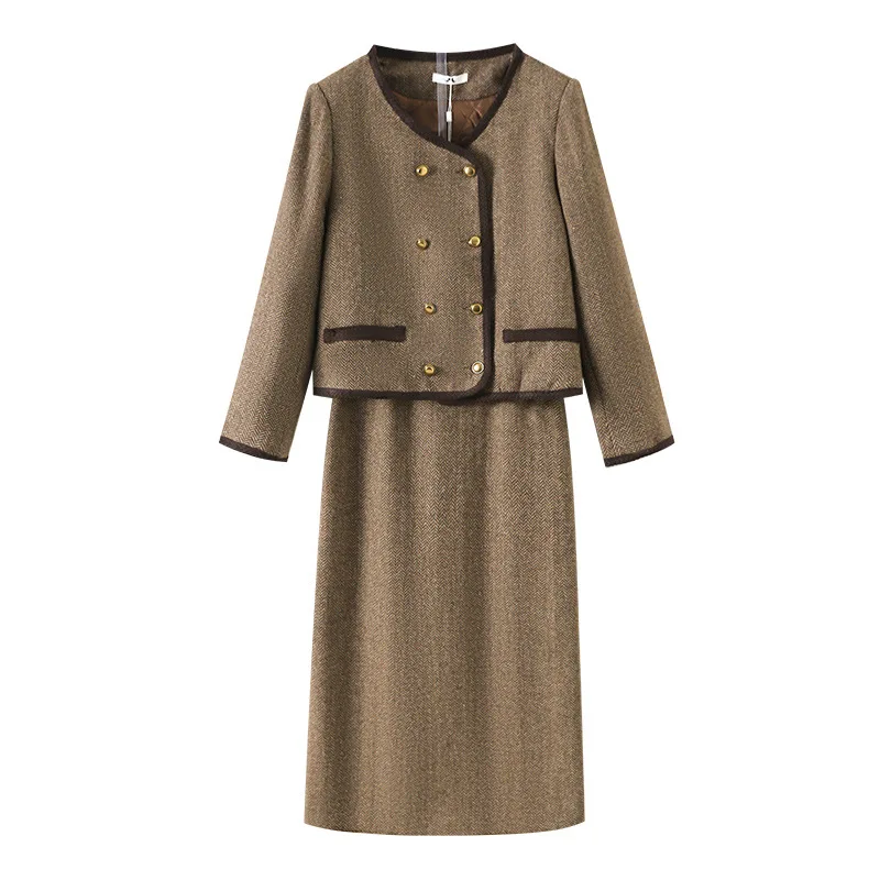 

Women's loose coarse woolen 2-pcs set with cotton jacket and high waisted skirt 2024 new autumn/winter small fragrance style set
