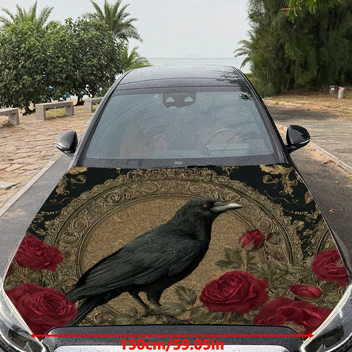 Mystical Dark Raven & Rose Car Hood Sticker,Waterproof Self-Adhesive Vinyl Graphics Decals,Decorative Auto Accessories Stickers