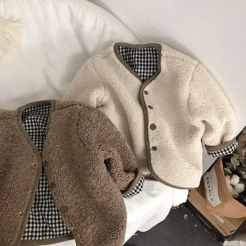 Maglione capispalla per bambini autunno e inverno, capispalla in lana di agnello addensato, giacca in cotone per ragazza calda Casual e carina