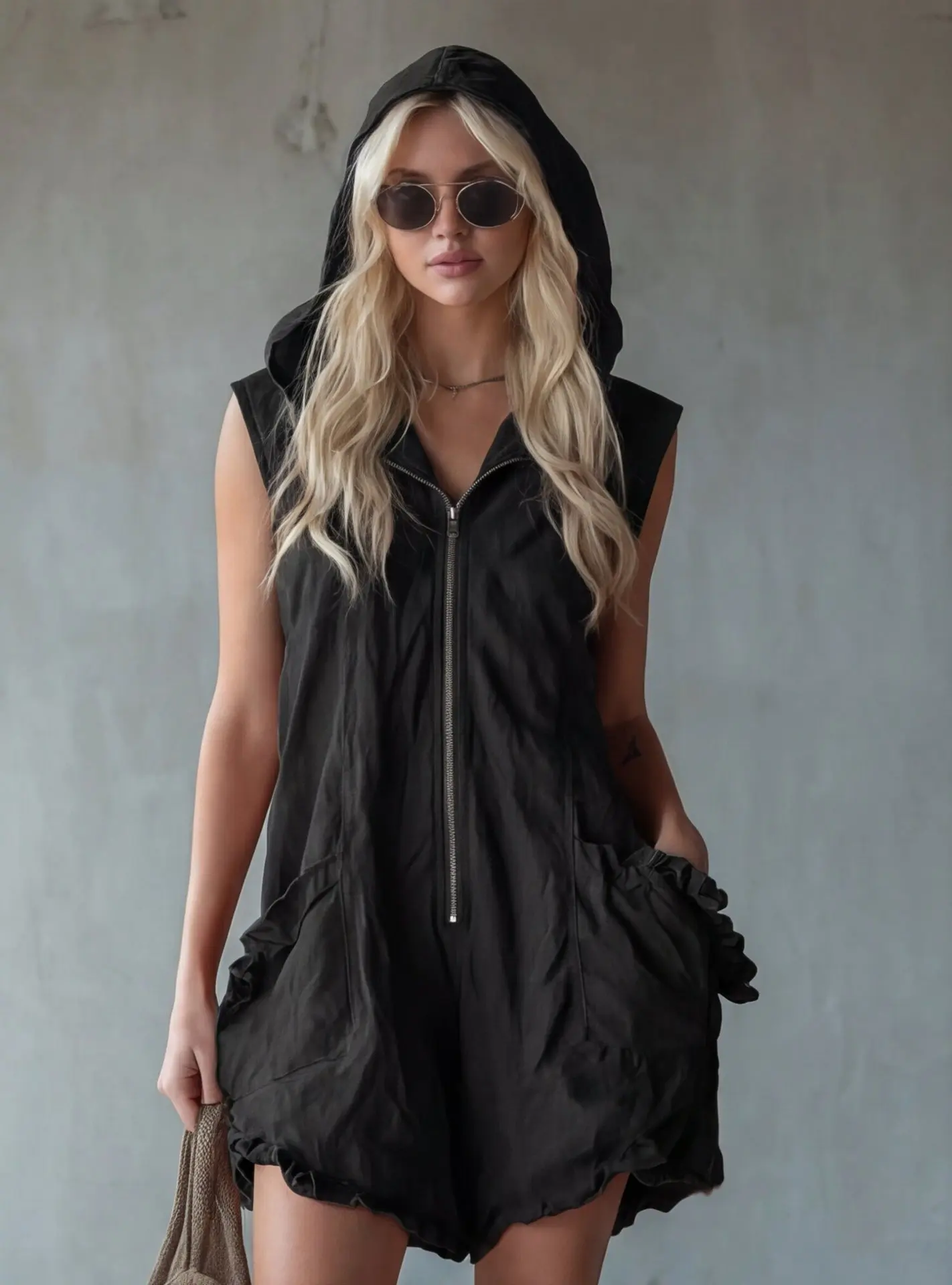 Women's White Sleeveless Hooded Jumpsuit Casual Fashion Jumpsuit With Pockets Ruffled Hem Summer Beach Resort Outfit Chic Style