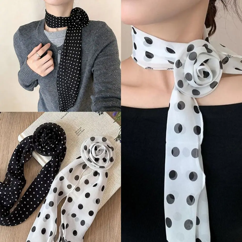 

Модный съемный шифоновый длинный шарф с тонким узором в горошек и декором в виде роз, универсальный шарф для шеи, элегантный солнцезащитный хиджаб, подарок для женщин и девушек