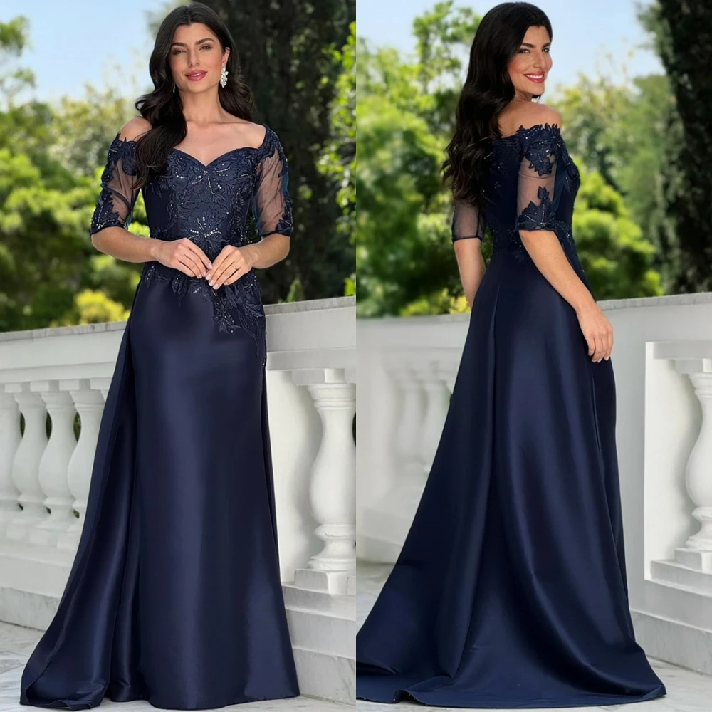 

Customized Exquisite Appliques Evening Dress Classic Sweep Train Satin Cocktail Dress Fashion Boat Neck Special Occasion Gowns