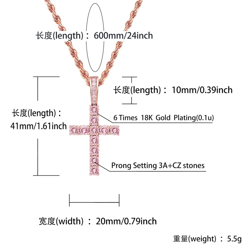 Hip Hop Bling Iced Out Pink Cubic Zirconia Ankh Cross Pendants Necklace 1 Row CZ Tennis Chain Link Chokers Jewelry Gold Color