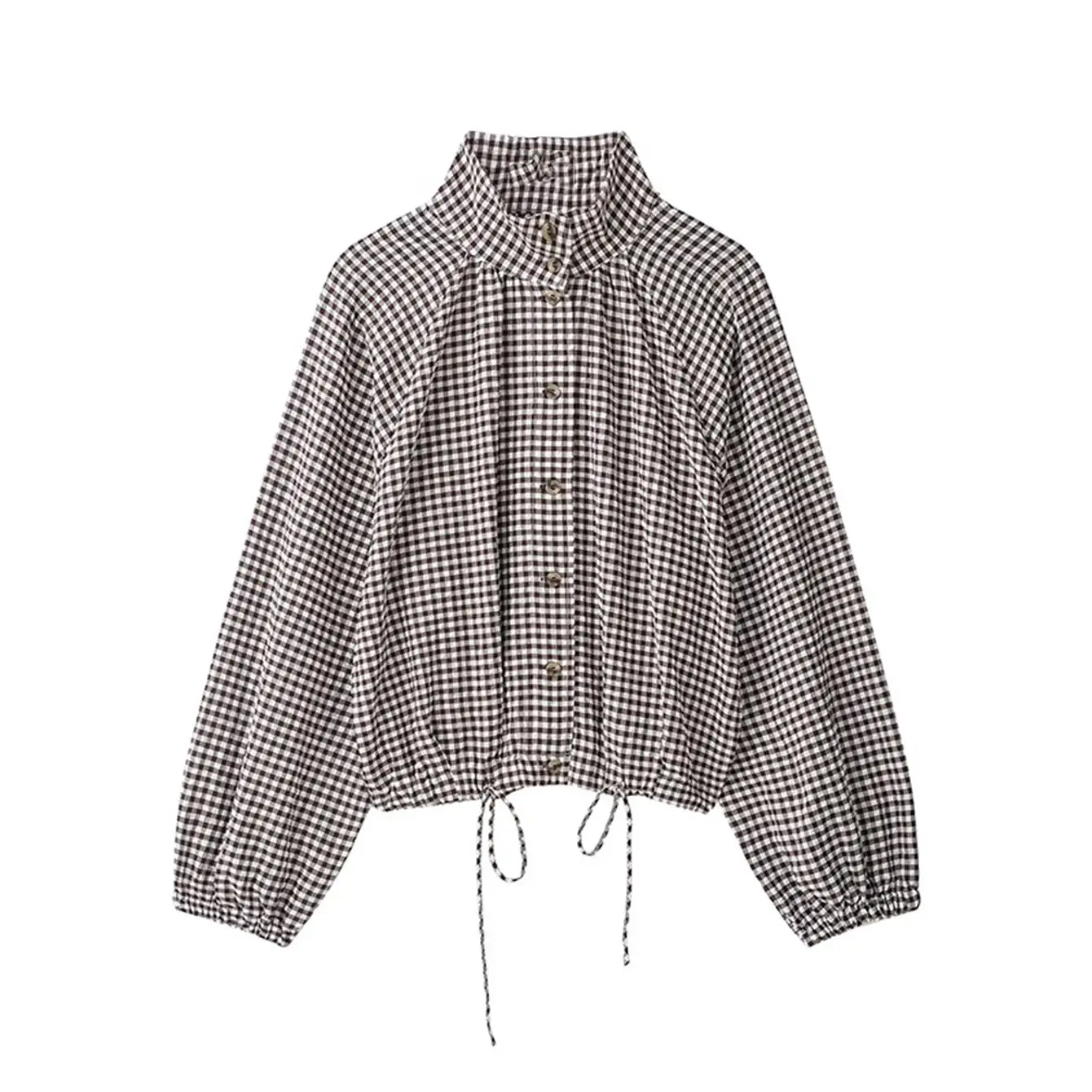 2026 Neue Damen Kurzarm-Bluse mit Langen Ärmeln, Stilvolle Karierte Freizeitbluse für Herbst und Frühling, Elegante Oberteile mit Stehkragen und Knöpfen – Detail 8