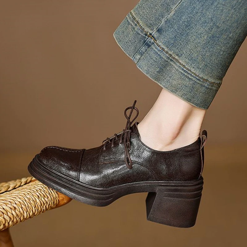 

Spring Autumn Women Shoes 6.5cm Chunky Heel Casual Shoes Genuine Leather Shoes for Women Retro Lace up Women Pumps HE21