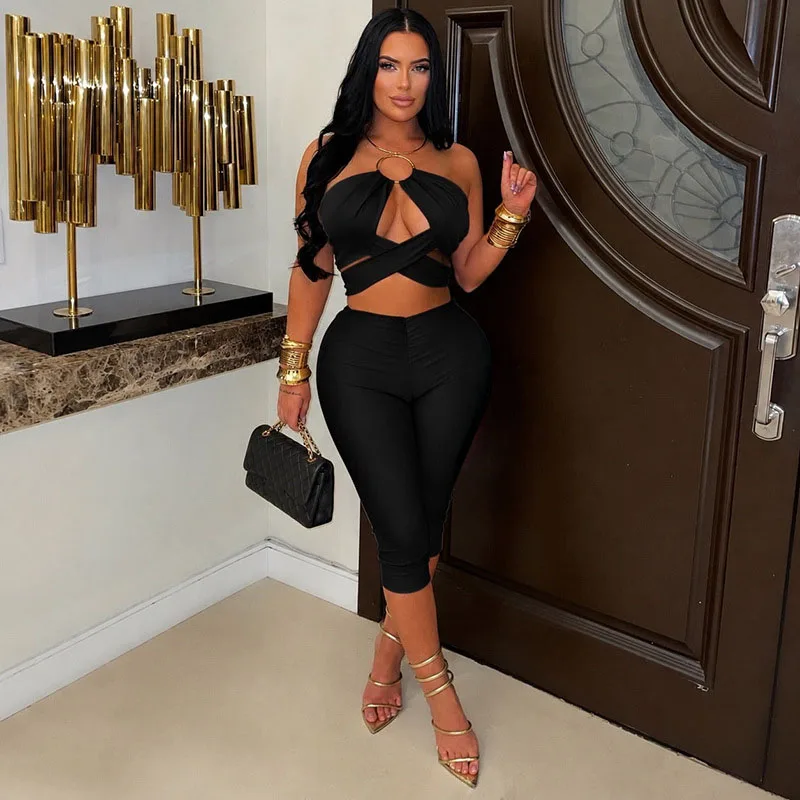 STYLISH LADY Metal O Ring Halter Cut Out 2 Piece Set Cross Wrap Crop Top Ruched High Waist Capri Pants Sexy Club Bodycon Outfits view 3