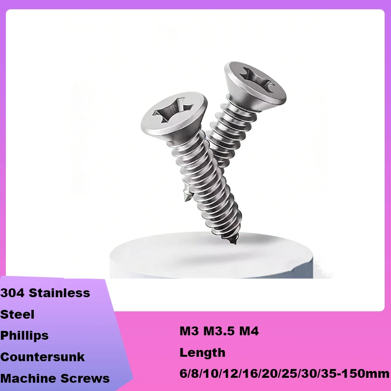 304 Stainless Steel M3 M3.5 M4 Cross Bolts Flat Head Countersunk Machine Phillips Screws Length 6/8/10/12/16/20/25/30/35-150mm