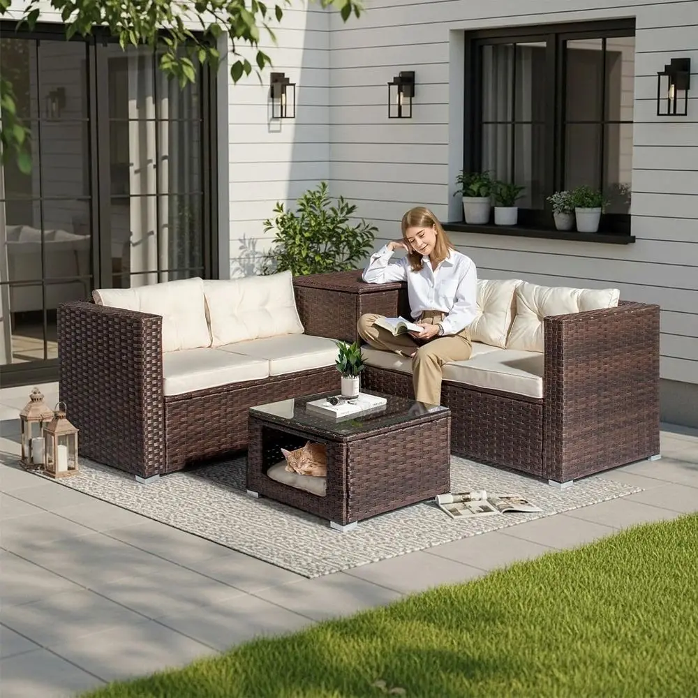 

All-Weather PE Rattan Patio Furniture Set with Glass Top Coffee Table, Storage, and Pet Ped for Outdoor, Garden, or Balcony (Bro