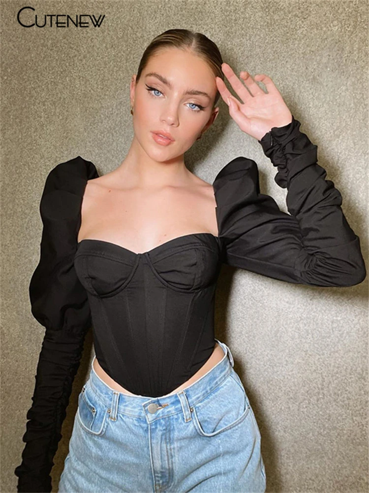 Cutenew Elegant Romantic Irregular Croped Corset Top Women Stylish Puff Sleeve Vacation Crop Top Skinny Casual Streetwear Female