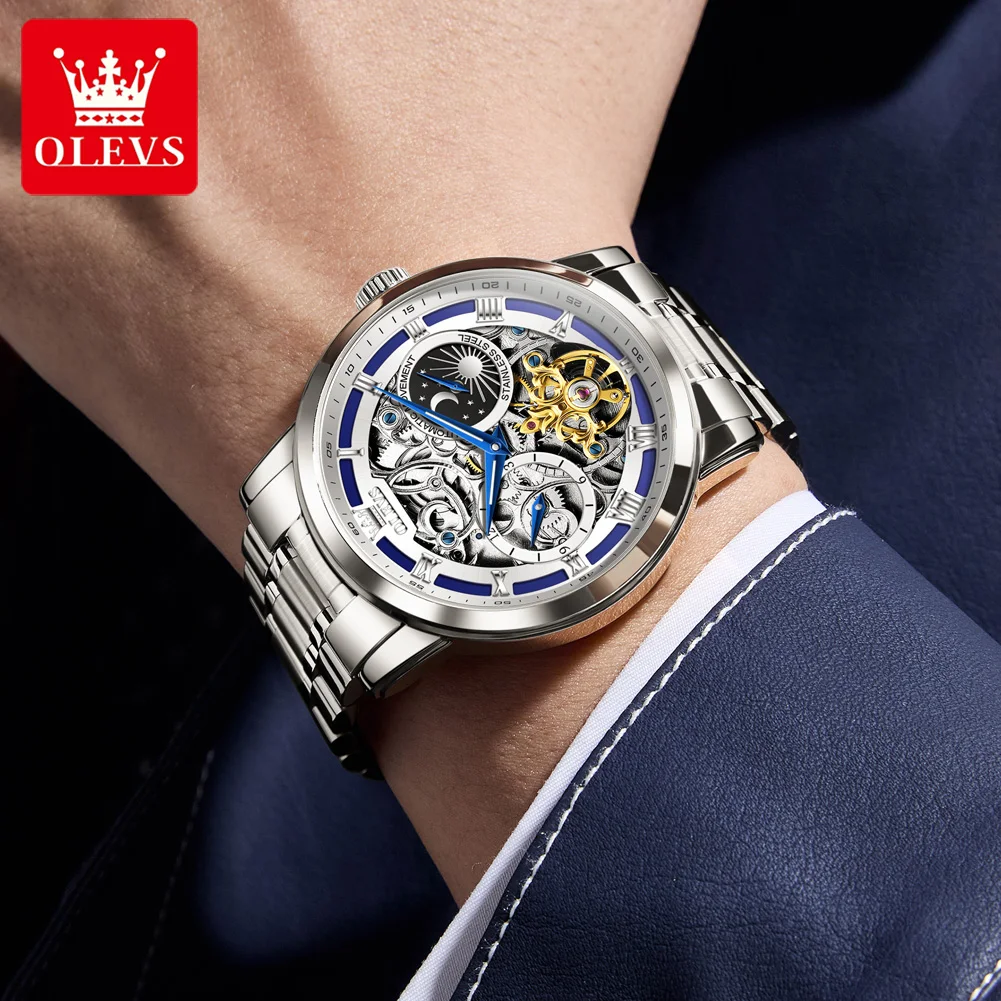 OLEVS 6670 Original Man Watch Hollow Flywheel Moon Phase Automatic Mechanical Watches for Men Waterproof Luminous Men's Watches gallery 3