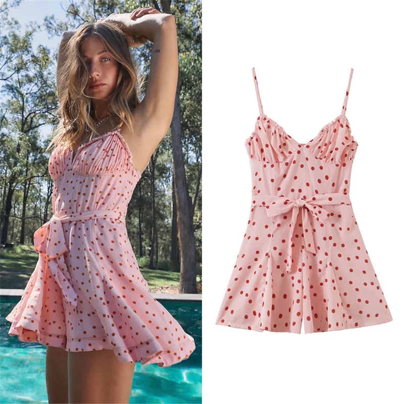 

Polka Dot Wide Leg Pink Romper Playsuit Women's Summer Sleeveless Spaghetti Strap Beach Overall Elastic Ruffles Romper