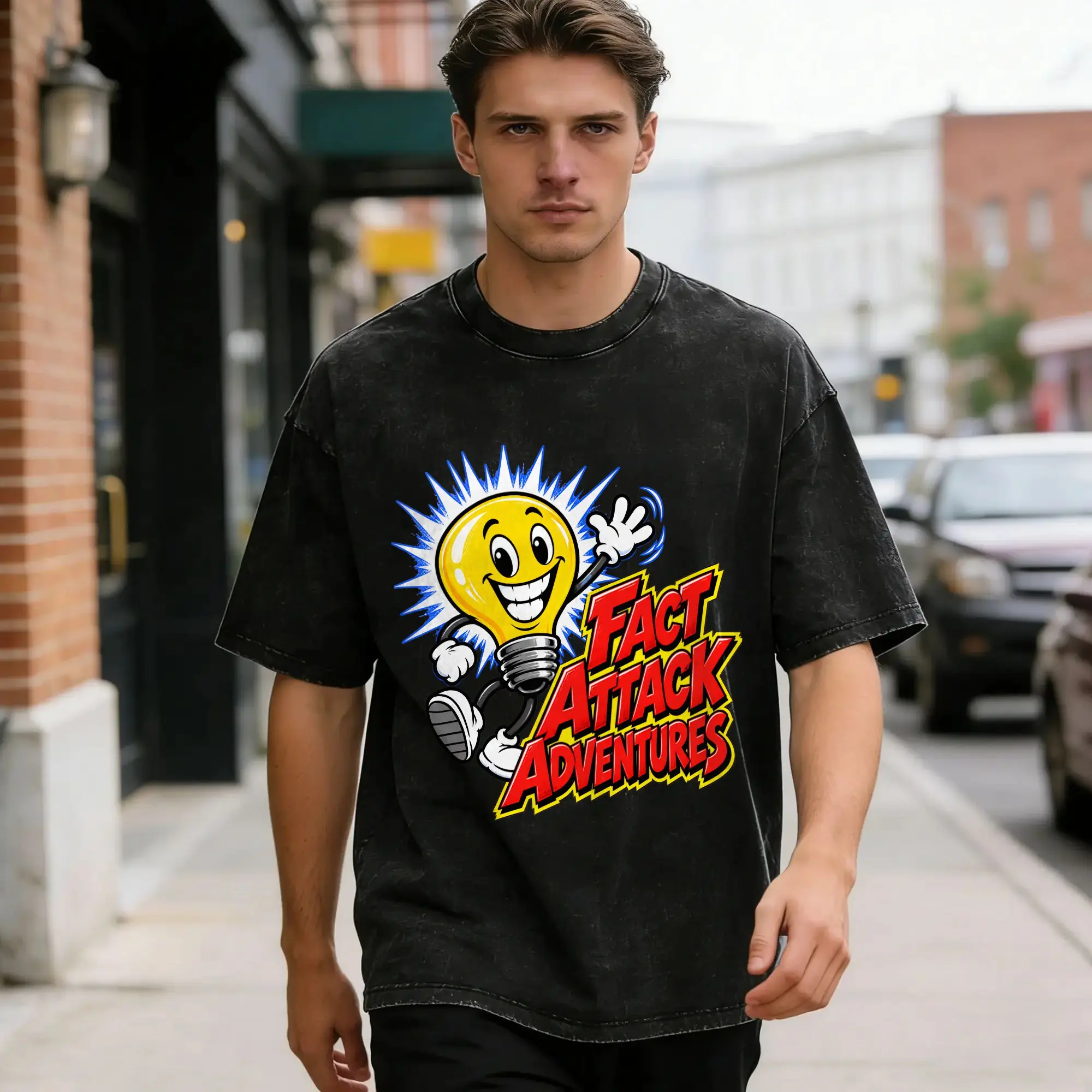 Men Light Bulb Fact Attack Adventures  T Shirts  Top Tees Beach Streetwear Short-Sleeved T-Shirt Crew Neck Hip Hop T Shirt Cheap